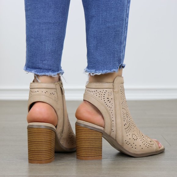 Taupe Peep Toe Heel Sandal Bootie Laser Cut Design - Picture 8 of 8